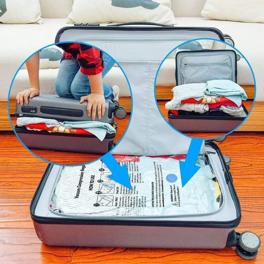 Vacuum compression storage bag shrinking clothes in suitcase for organized packing