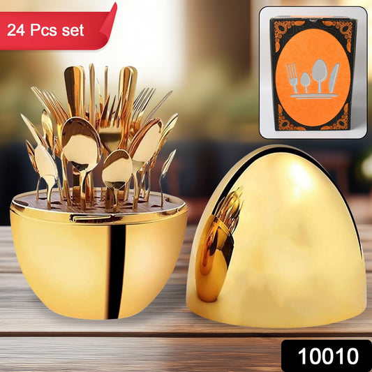 10010 Premium Cutlery Set 24 Pcs With Oval Shaped Stand Beautiful Stylish Oval Designed Cutlery Sets Egg-shaped Luxury Spoon Holder Set (Golden 24 Pcs Set)