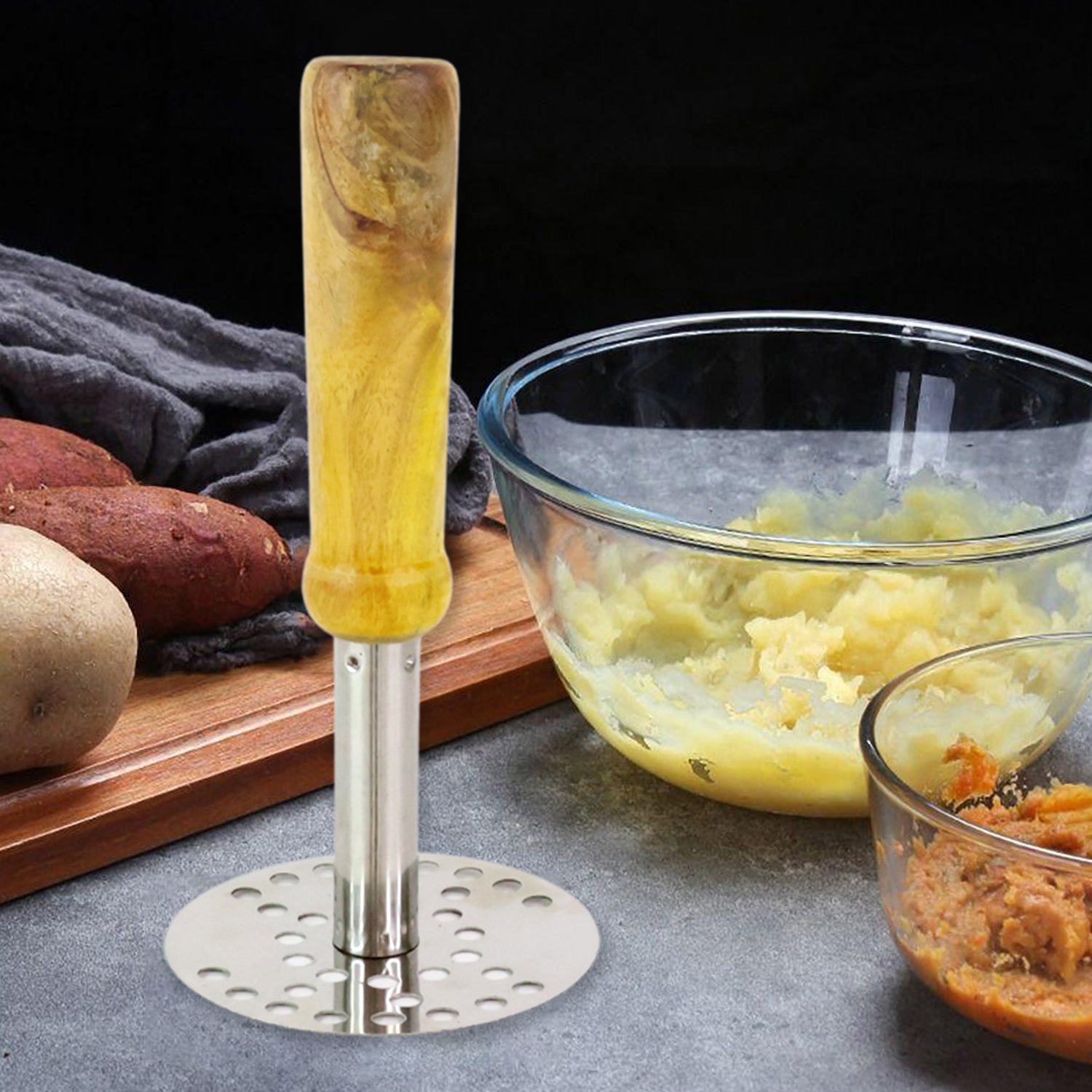 064 Stainless Steel Potato Masher Pav Bhaji Masher With Wooden Handle