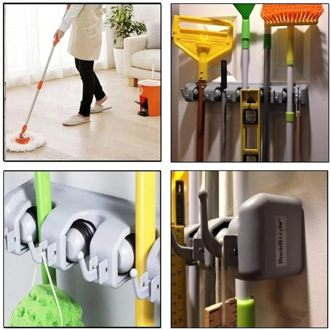 Azarbex™ Mop & Broom Holder | 5 Slots + 6 Hooks | No Drill Waterproof Wall Mount | UAE Fast Delivery