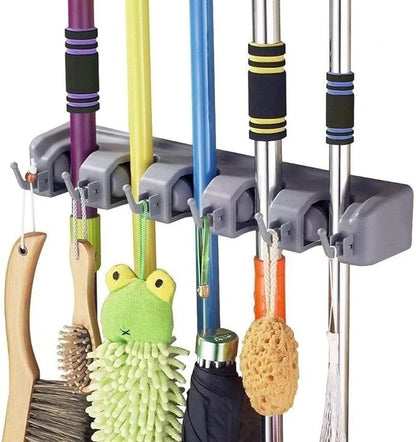 Azarbex™ Mop & Broom Holder | 5 Slots + 6 Hooks | No Drill Waterproof Wall Mount | UAE Fast Delivery