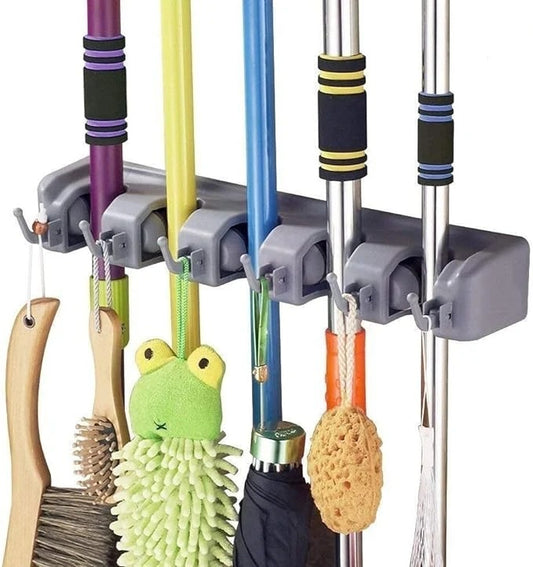 Azarbex™ Mop & Broom Holder | 5 Slots + 6 Hooks | No Drill Waterproof Wall Mount | UAE Fast Delivery